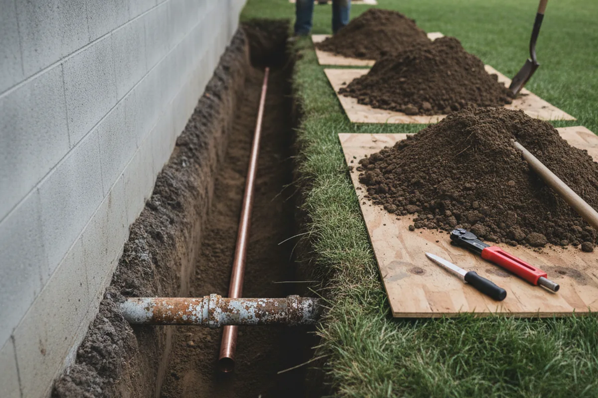 Excavated water line trench during Water Heater Repair in Carbonado